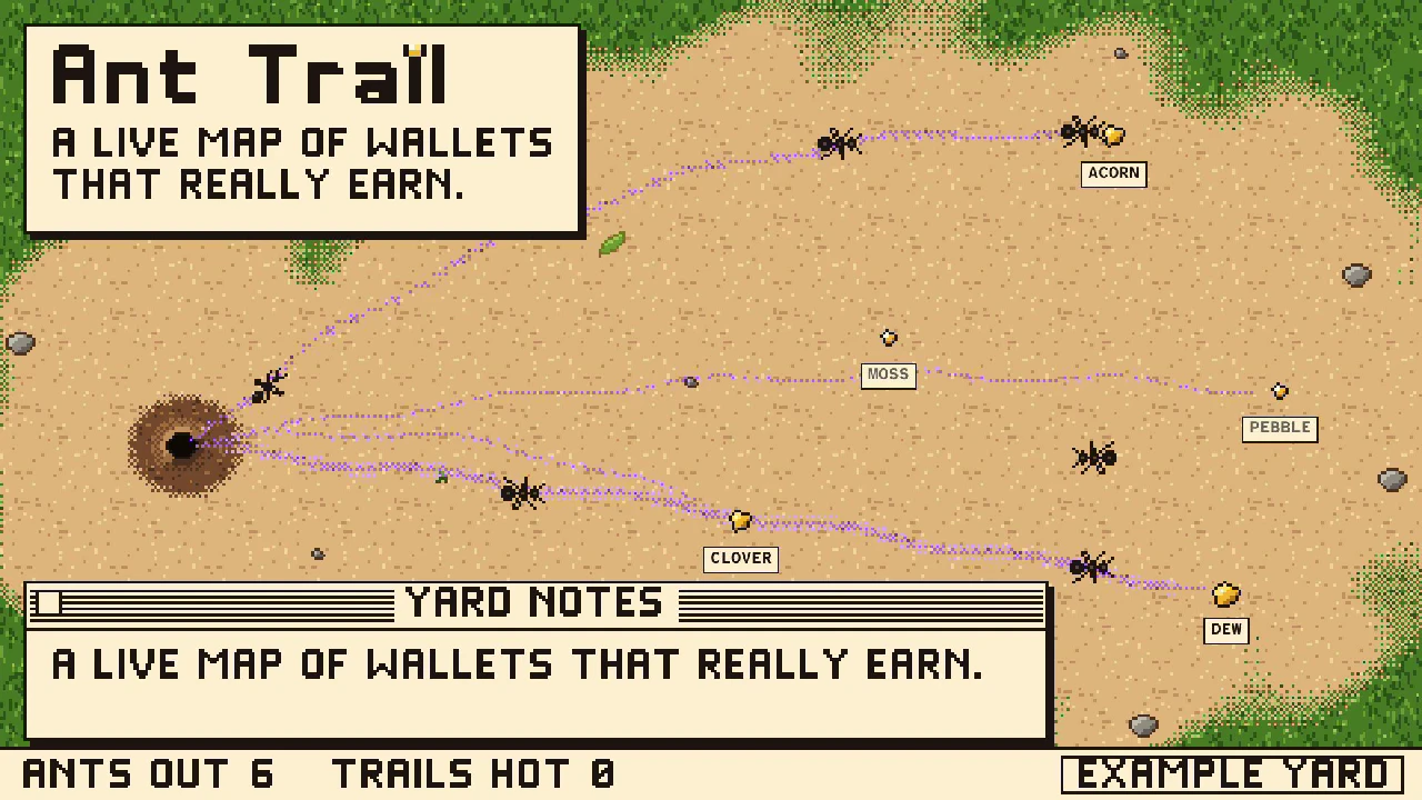 How Ant Trail works: wallets that earn are ants, their moves leave a scent, the scent fades, three independent ants make a trail hot. The film, about a minute and a quarter.